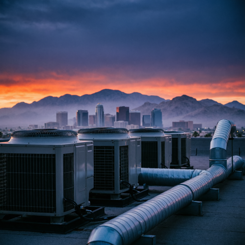 Rooftop air conditioning units cooling a Phoenix building at dusk