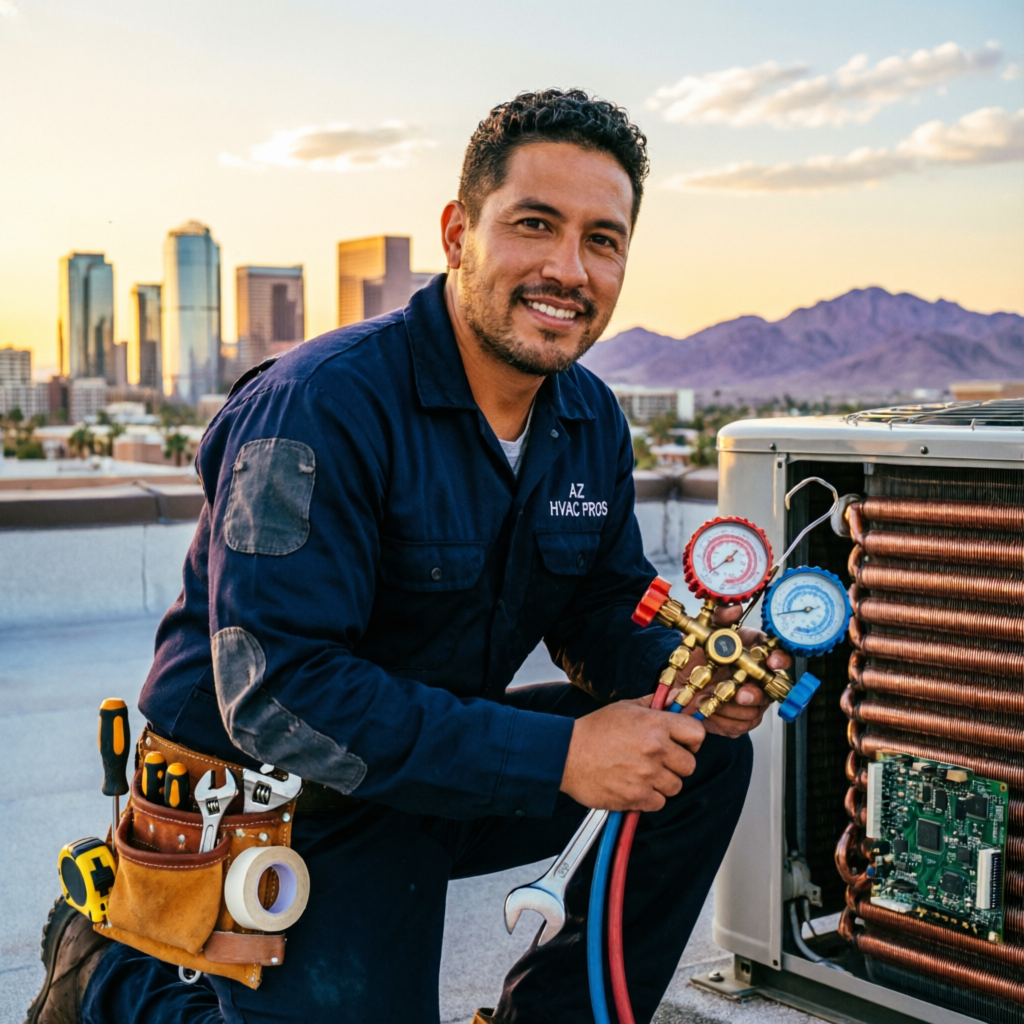 Lead investigator on site with manifold gauges, Phoenix skyline behind